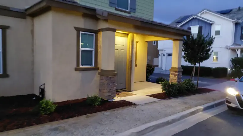 Another evening view of the same mulched garden beds.
