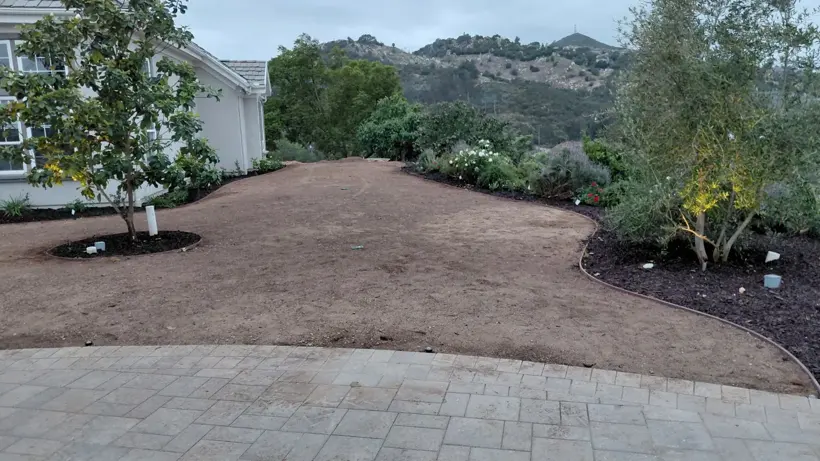 Prepared soil and curved planting beds before new lawn.