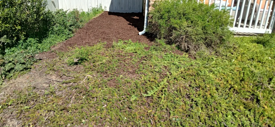 Mulch installation in progress beside the porch and side fence.